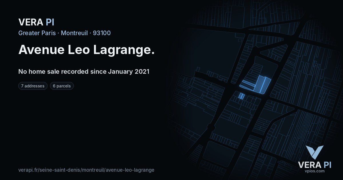 Avenue Leo Lagrange, Montreuil at night – every parcel coloured by the prices around it, the street's own parcels lit