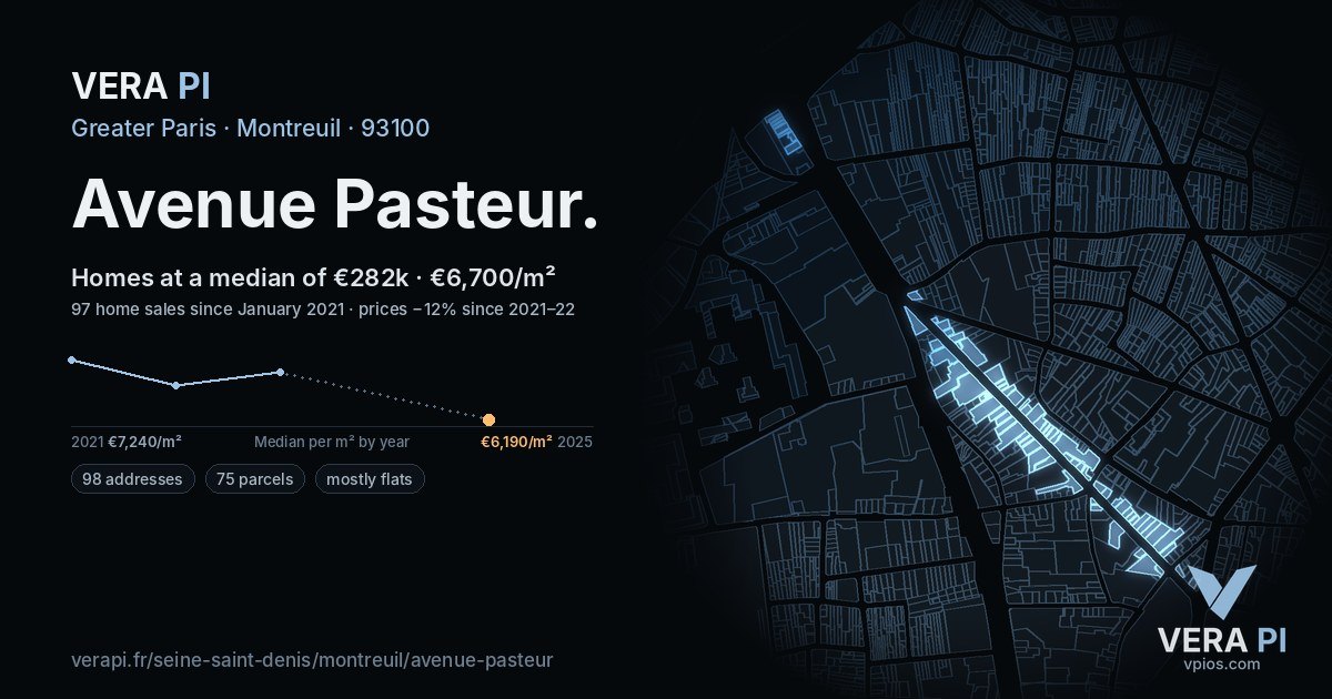 Avenue Pasteur, Montreuil at night – every parcel coloured by the prices around it, the street's own parcels lit
