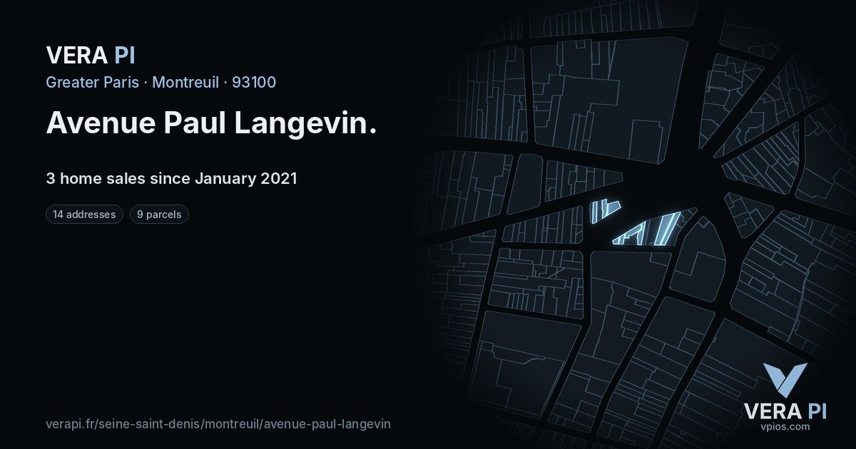 Avenue Paul Langevin, Montreuil at night – every parcel coloured by the prices around it, the street's own parcels lit