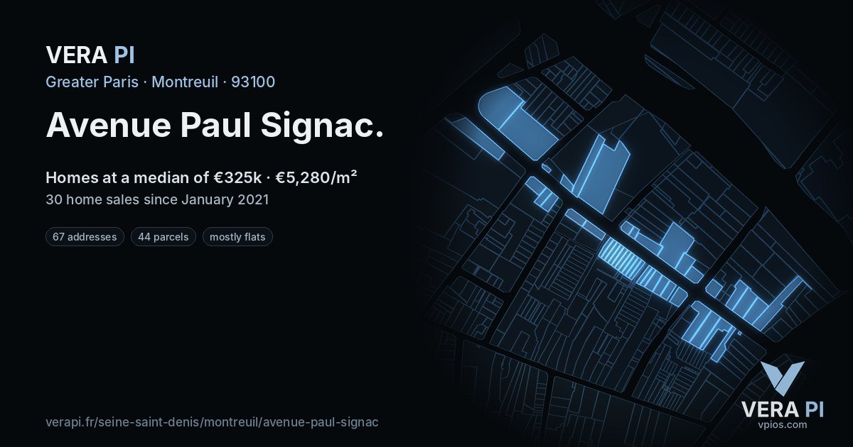 Avenue Paul Signac, Montreuil at night – every parcel coloured by the prices around it, the street's own parcels lit