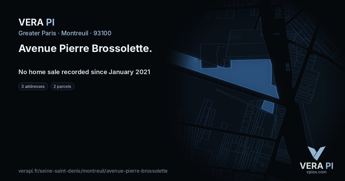 Avenue Pierre Brossolette, Montreuil at night – every parcel coloured by the prices around it, the street's own parcels lit