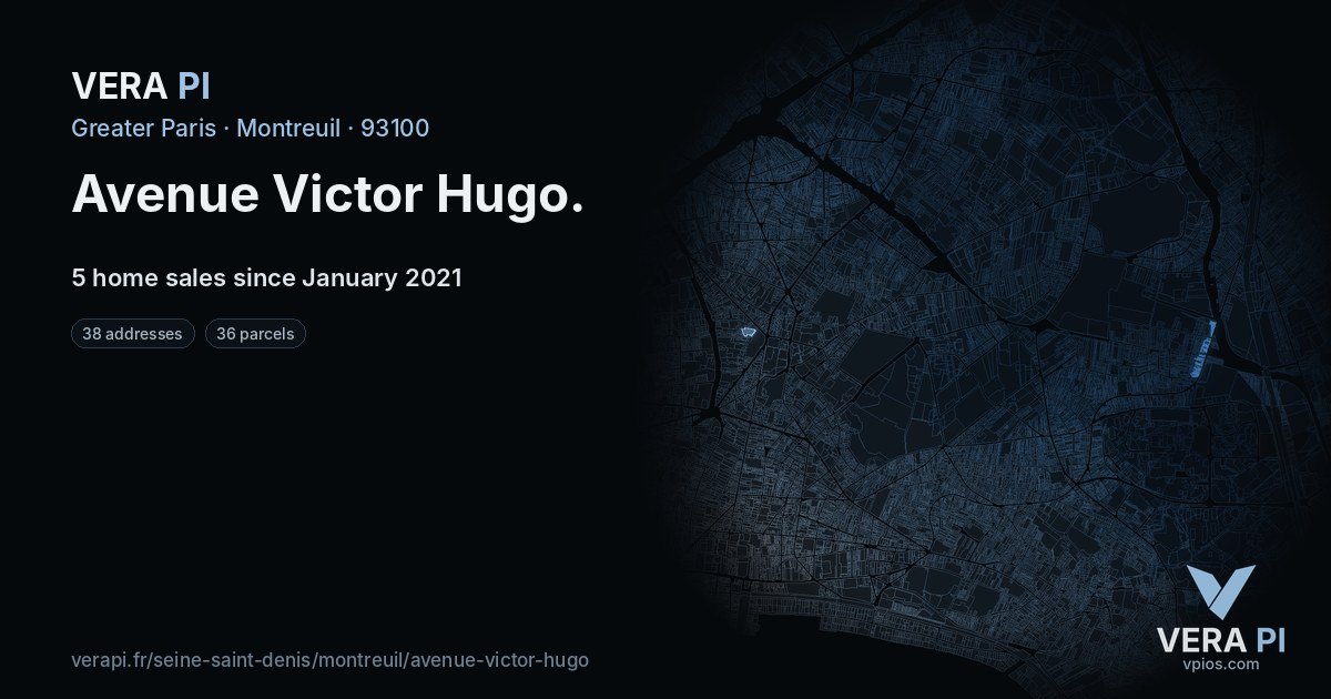 Avenue Victor Hugo, Montreuil at night – every parcel coloured by the prices around it, the street's own parcels lit