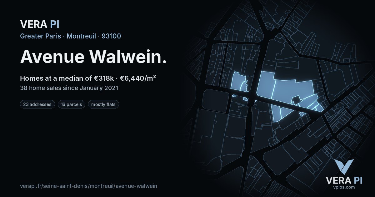Avenue Walwein, Montreuil at night – every parcel coloured by the prices around it, the street's own parcels lit