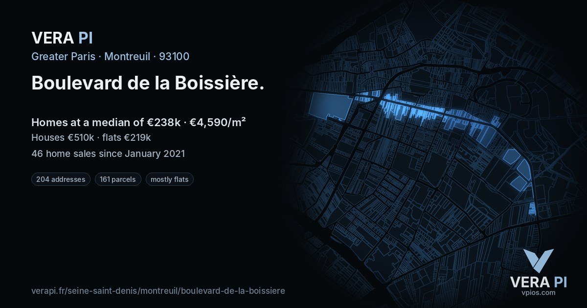 Boulevard de la Boissière, Montreuil at night – every parcel coloured by the prices around it, the street's own parcels lit
