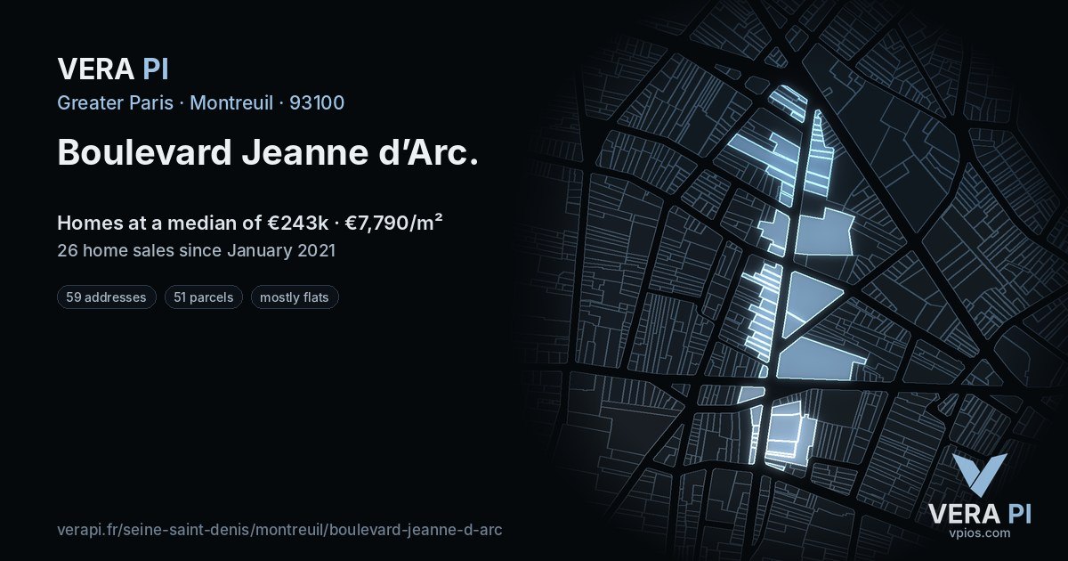 Boulevard Jeanne d’Arc, Montreuil at night – every parcel coloured by the prices around it, the street's own parcels lit