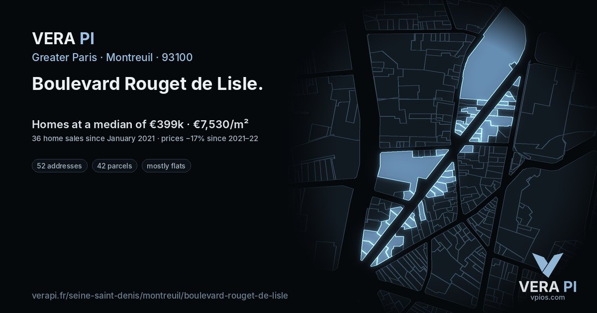 Boulevard Rouget de Lisle, Montreuil at night – every parcel coloured by the prices around it, the street's own parcels lit