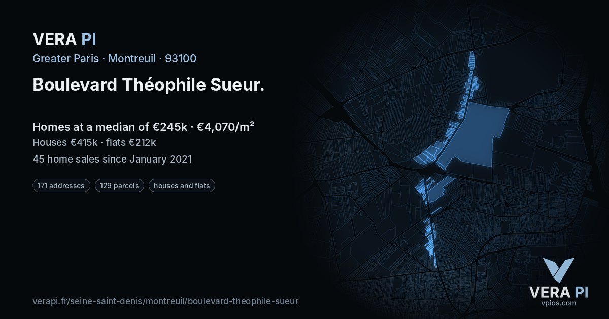 Boulevard Théophile Sueur, Montreuil at night – every parcel coloured by the prices around it, the street's own parcels lit