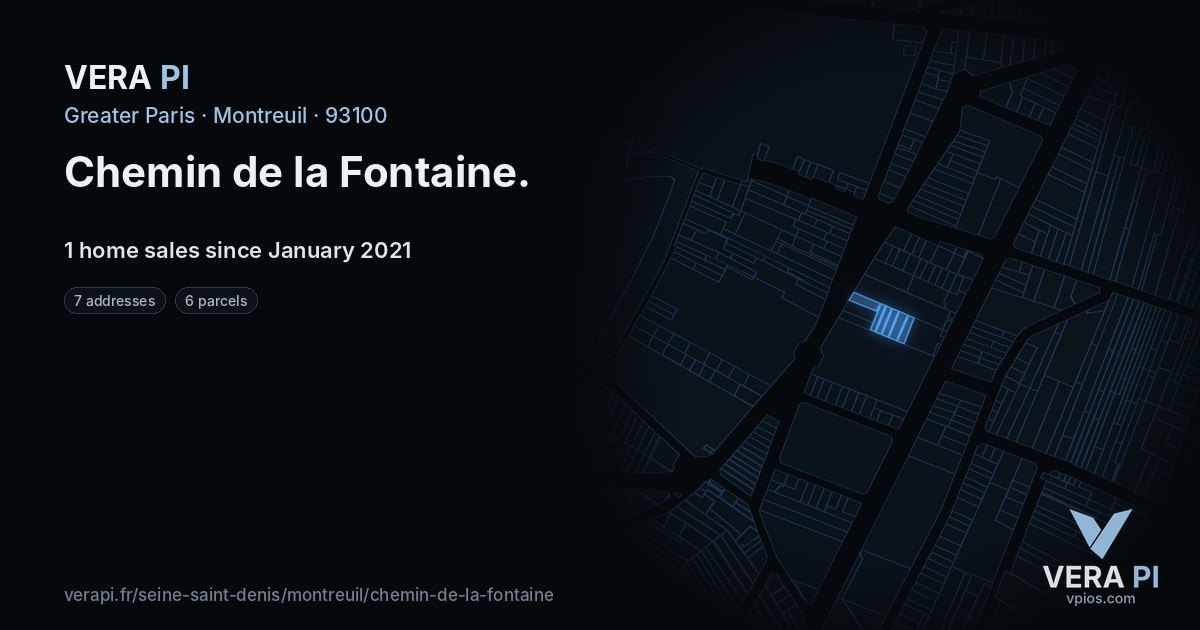 Chemin de la Fontaine, Montreuil at night – every parcel coloured by the prices around it, the street's own parcels lit