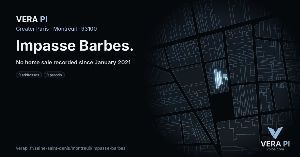 Impasse Barbes, Montreuil at night – every parcel coloured by the prices around it, the street's own parcels lit