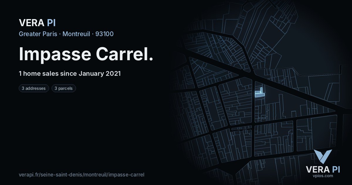 Impasse Carrel, Montreuil at night – every parcel coloured by the prices around it, the street's own parcels lit