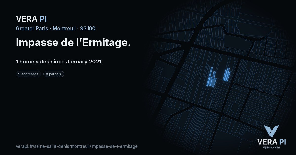 Impasse de l’Ermitage, Montreuil at night – every parcel coloured by the prices around it, the street's own parcels lit