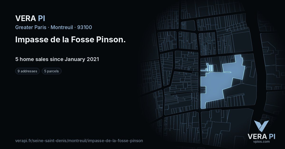 Impasse de la Fosse Pinson, Montreuil at night – every parcel coloured by the prices around it, the street's own parcels lit
