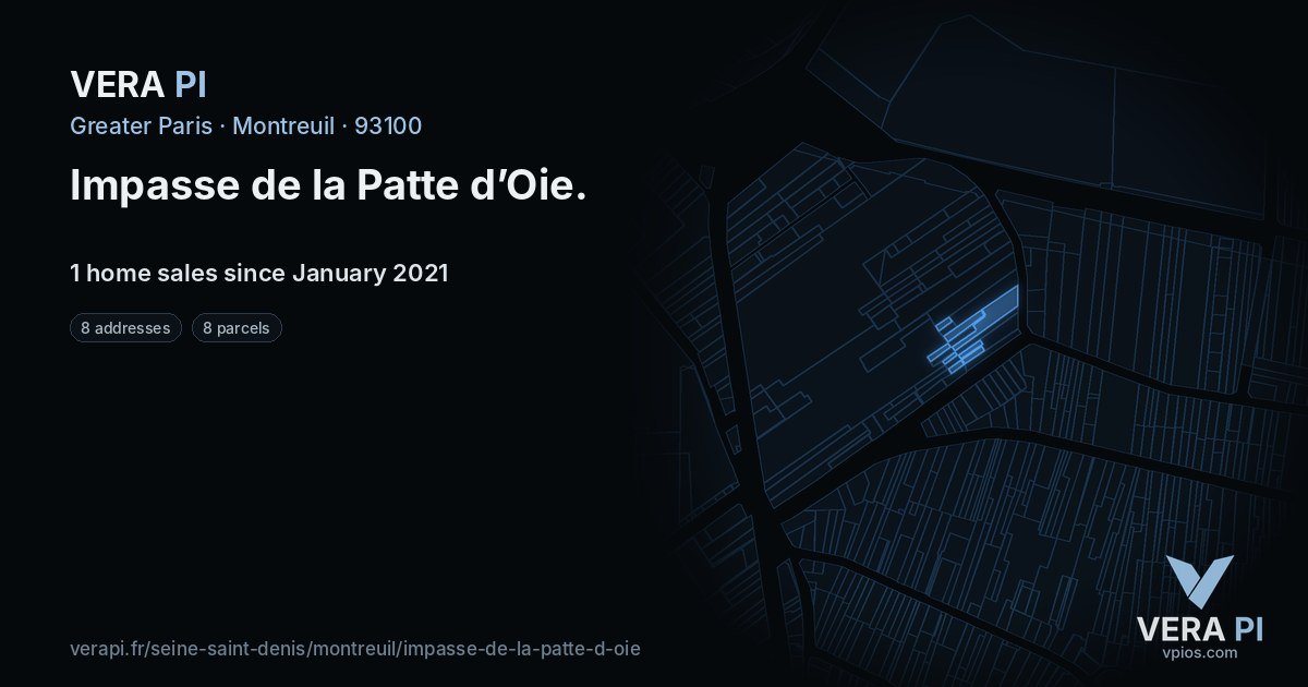 Impasse de la Patte d’Oie, Montreuil at night – every parcel coloured by the prices around it, the street's own parcels lit