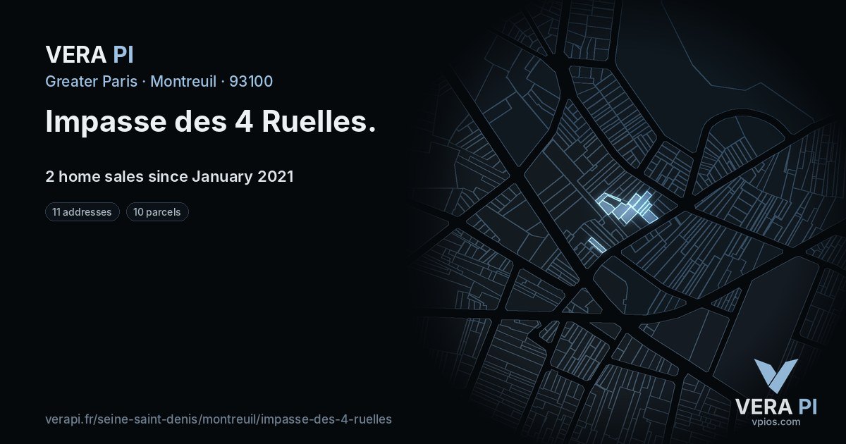 Impasse des 4 Ruelles, Montreuil at night – every parcel coloured by the prices around it, the street's own parcels lit