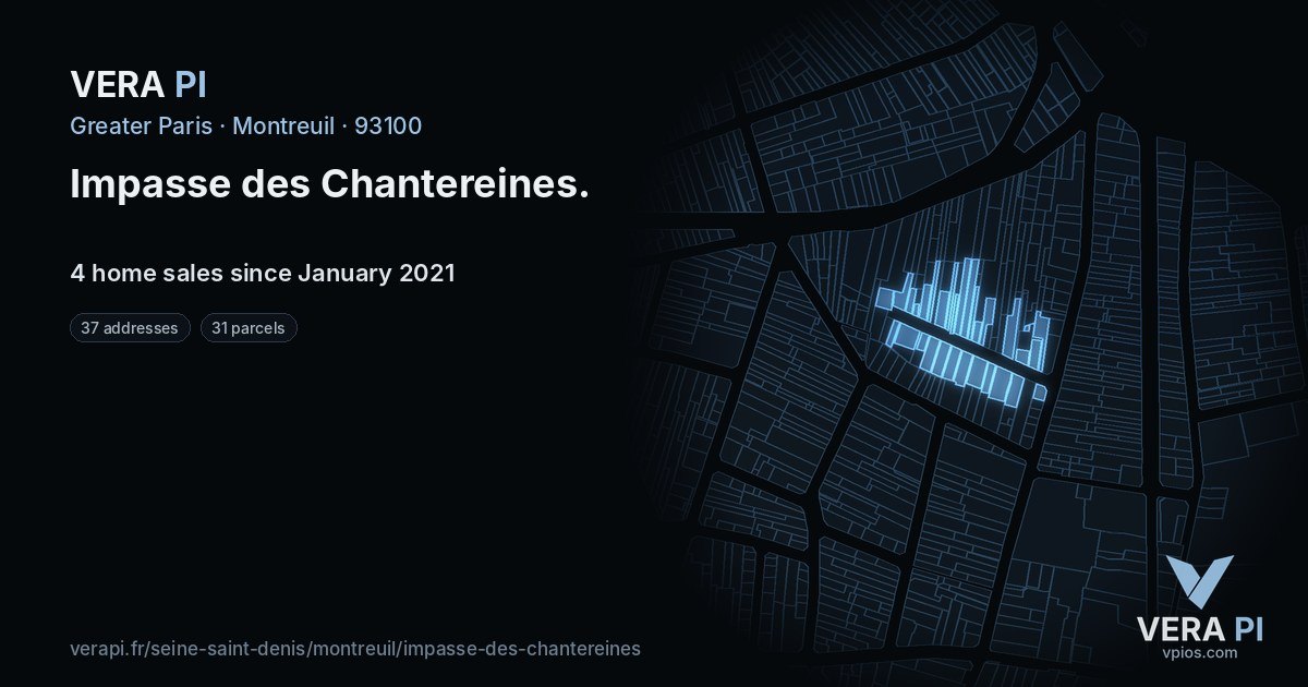 Impasse des Chantereines, Montreuil at night – every parcel coloured by the prices around it, the street's own parcels lit