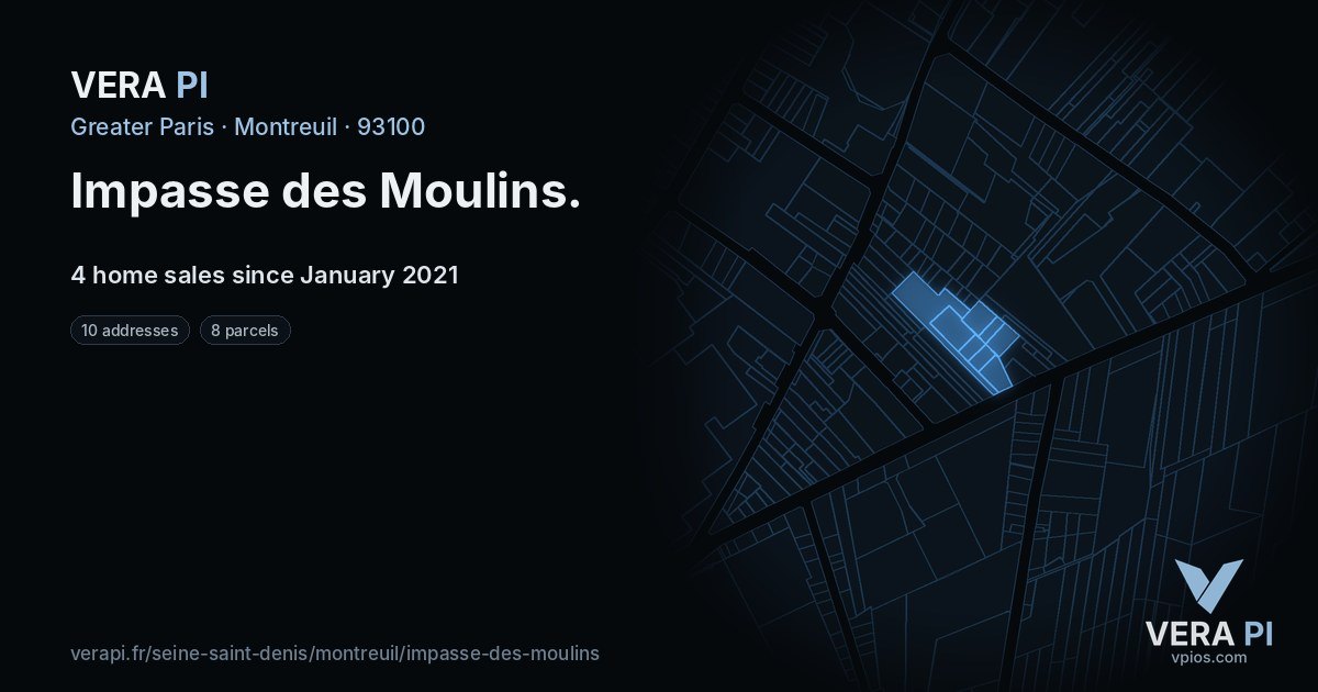 Impasse des Moulins, Montreuil at night – every parcel coloured by the prices around it, the street's own parcels lit