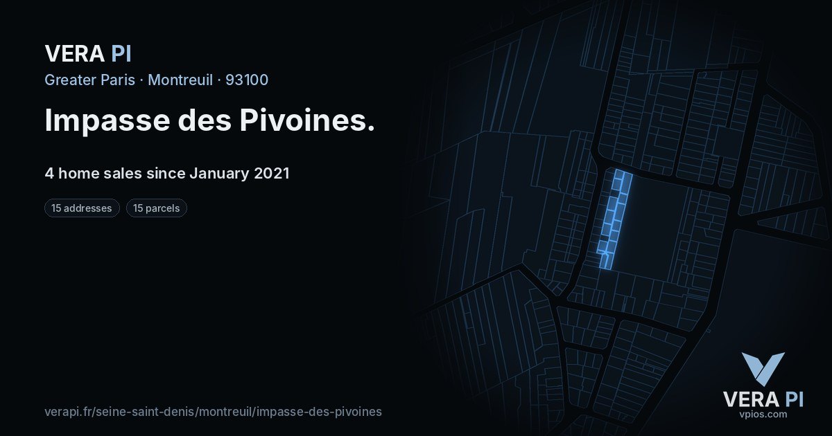 Impasse des Pivoines, Montreuil at night – every parcel coloured by the prices around it, the street's own parcels lit