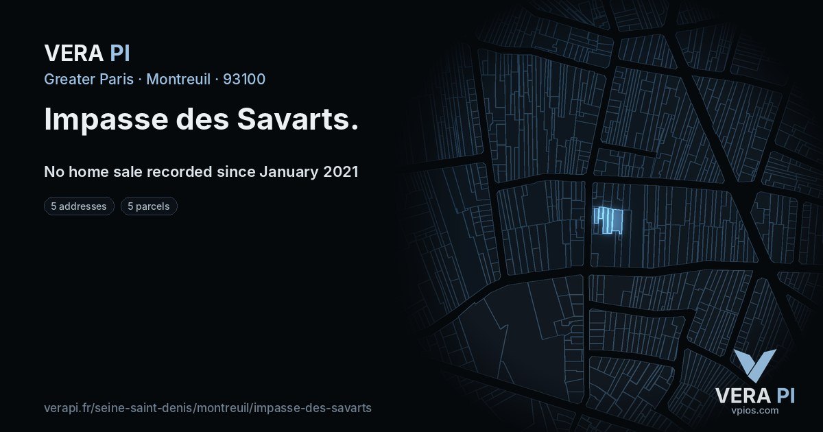 Impasse des Savarts, Montreuil at night – every parcel coloured by the prices around it, the street's own parcels lit
