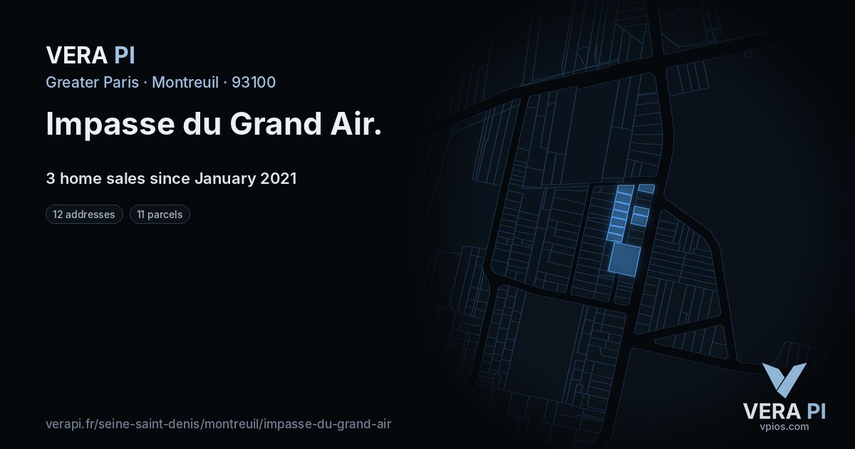 Impasse du Grand Air, Montreuil at night – every parcel coloured by the prices around it, the street's own parcels lit