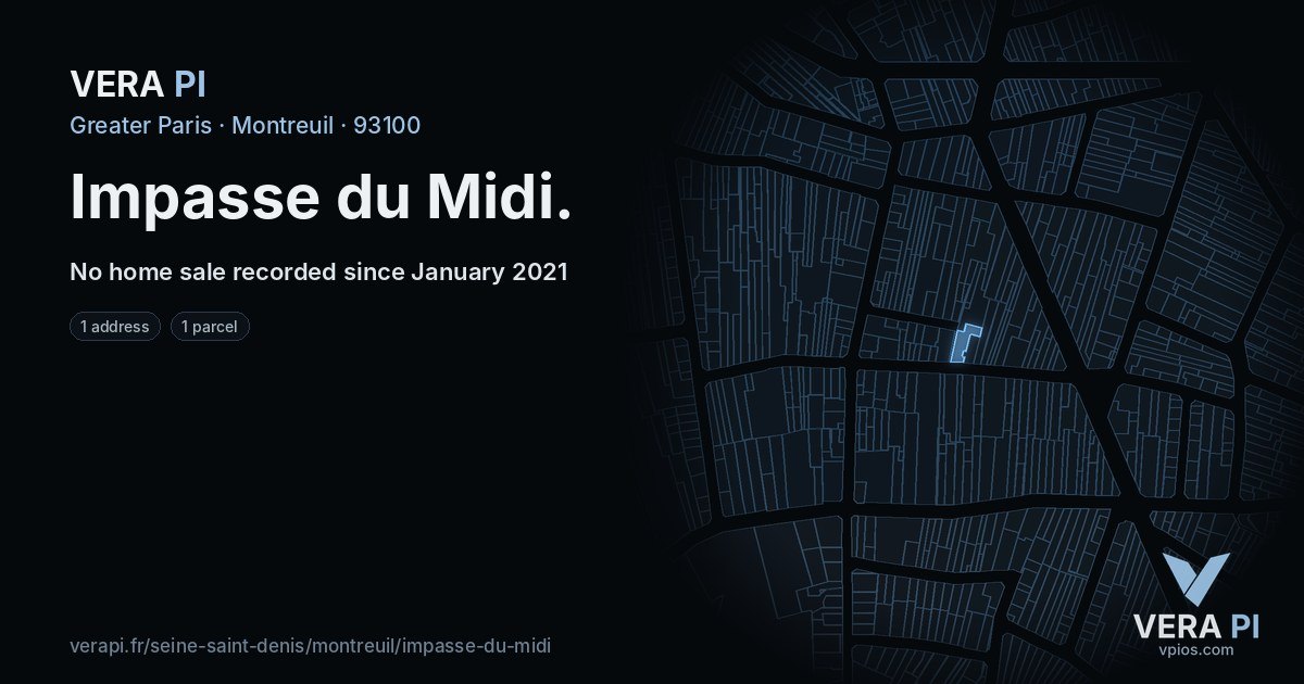 Impasse du Midi, Montreuil at night – every parcel coloured by the prices around it, the street's own parcels lit