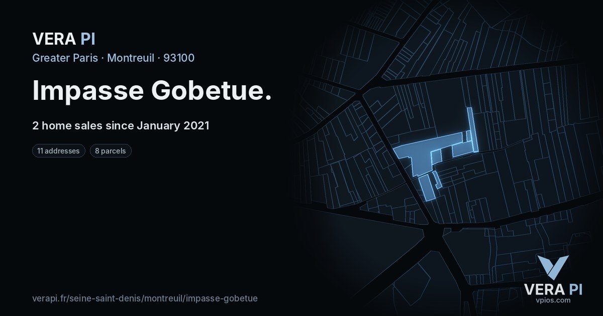 Impasse Gobetue, Montreuil at night – every parcel coloured by the prices around it, the street's own parcels lit