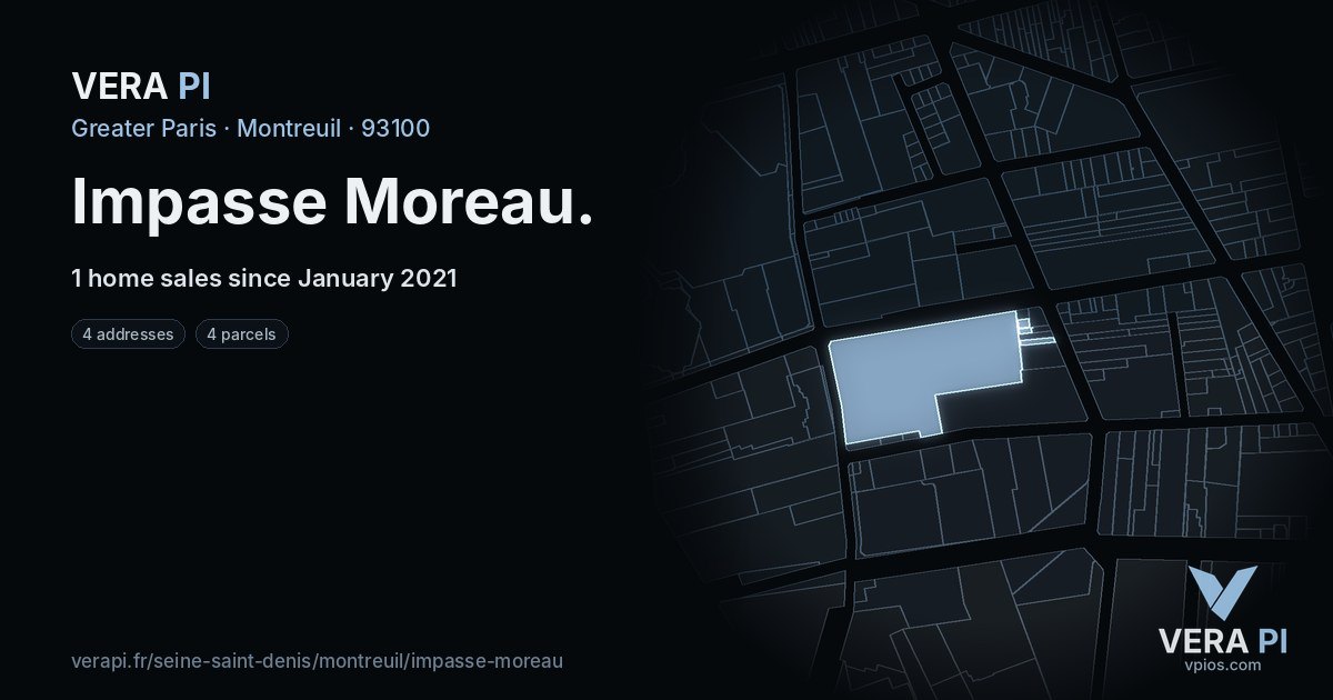 Impasse Moreau, Montreuil at night – every parcel coloured by the prices around it, the street's own parcels lit