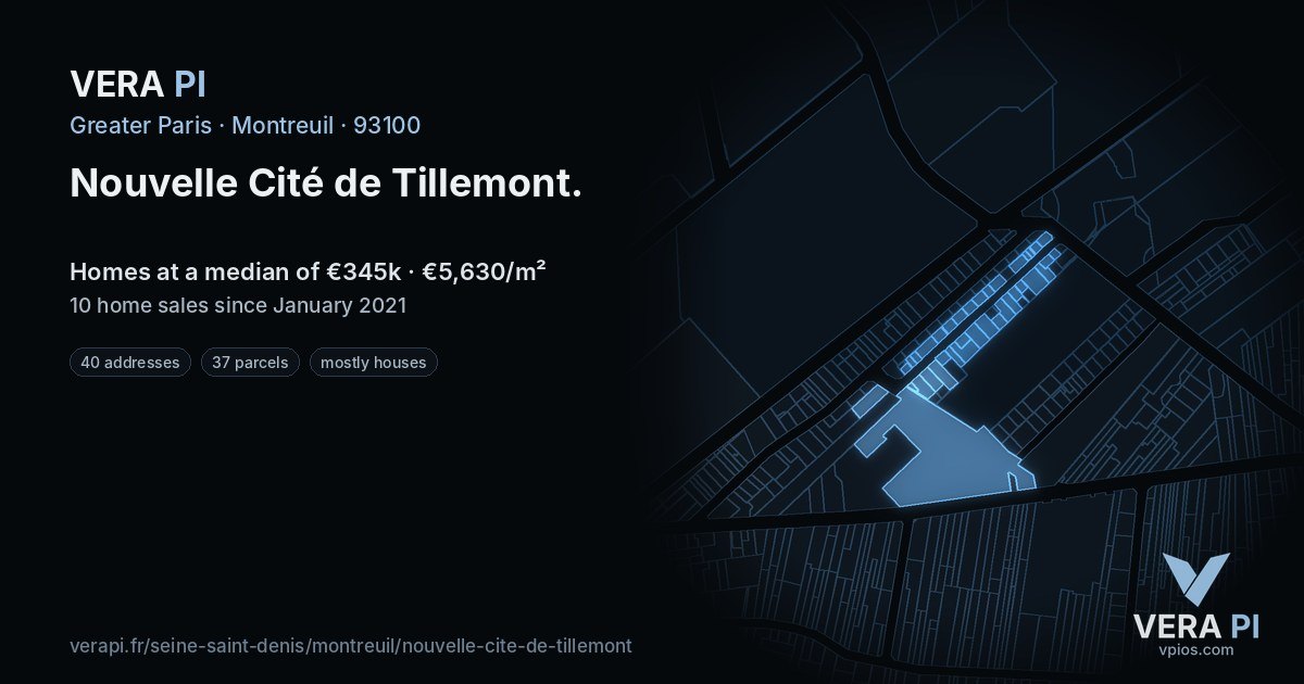 Nouvelle Cité de Tillemont, Montreuil at night – every parcel coloured by the prices around it, the street's own parcels lit