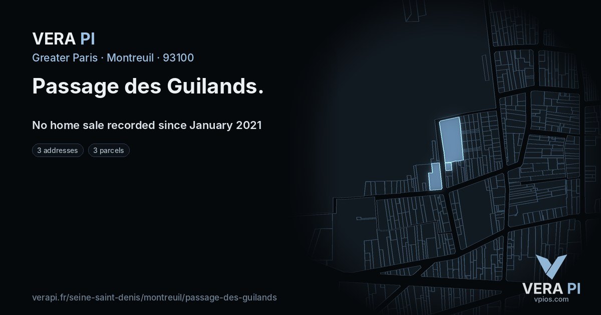 Passage des Guilands, Montreuil at night – every parcel coloured by the prices around it, the street's own parcels lit