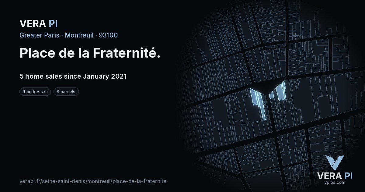 Place de la Fraternité, Montreuil at night – every parcel coloured by the prices around it, the street's own parcels lit