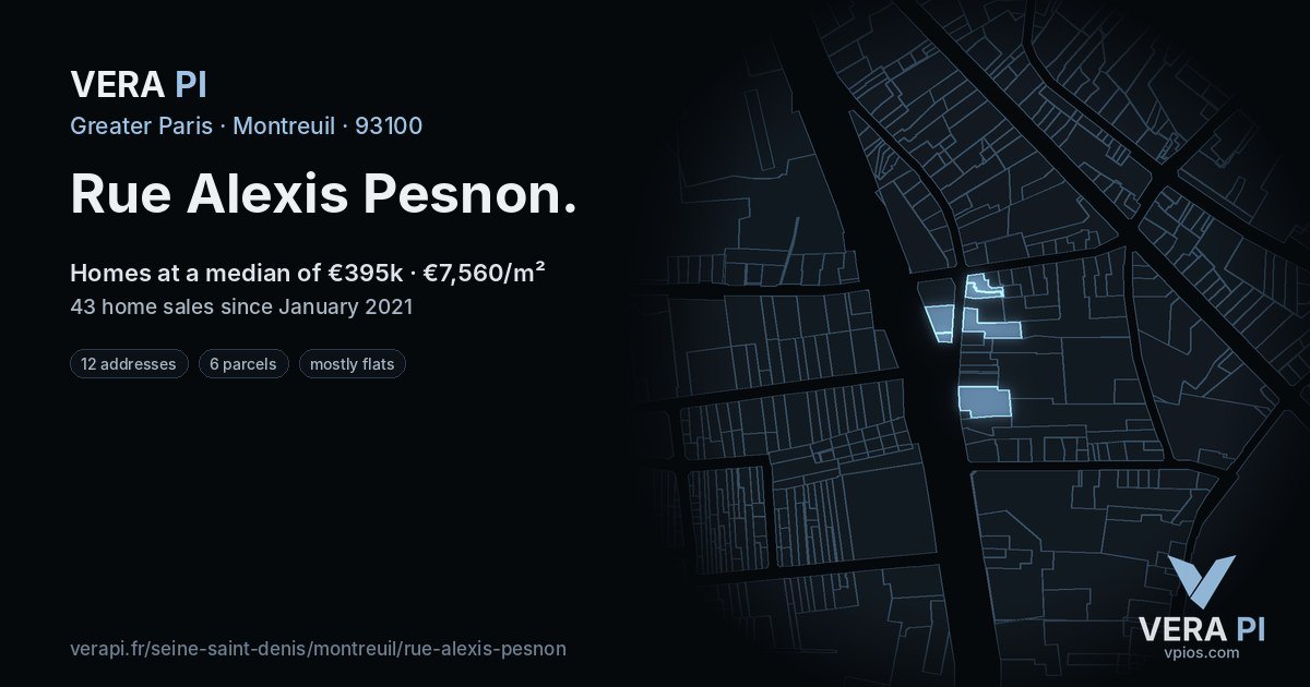 Rue Alexis Pesnon, Montreuil at night – every parcel coloured by the prices around it, the street's own parcels lit