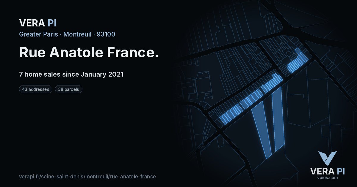 Rue Anatole France, Montreuil at night – every parcel coloured by the prices around it, the street's own parcels lit
