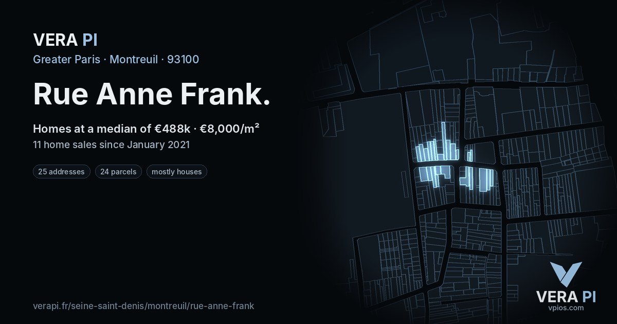Rue Anne Frank, Montreuil at night – every parcel coloured by the prices around it, the street's own parcels lit