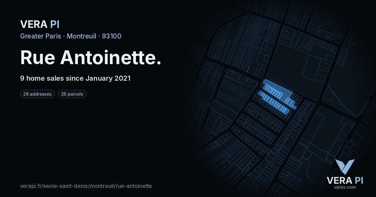 Rue Antoinette, Montreuil at night – every parcel coloured by the prices around it, the street's own parcels lit