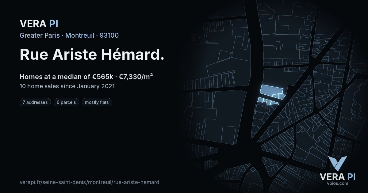 Rue Ariste Hémard, Montreuil at night – every parcel coloured by the prices around it, the street's own parcels lit