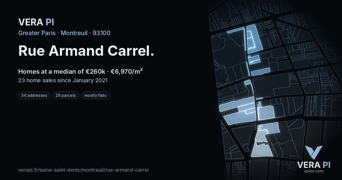 Rue Armand Carrel, Montreuil at night – every parcel coloured by the prices around it, the street's own parcels lit