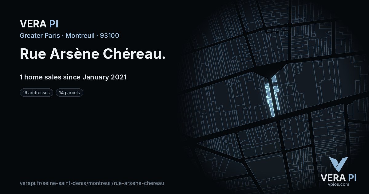 Rue Arsène Chéreau, Montreuil at night – every parcel coloured by the prices around it, the street's own parcels lit