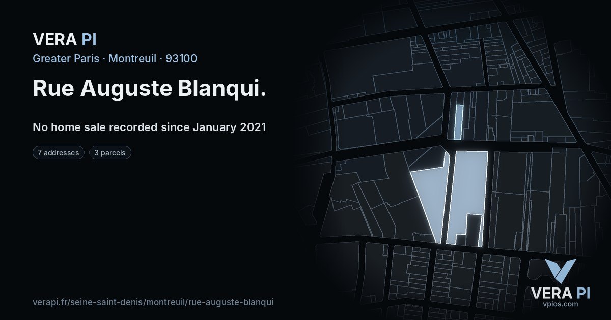 Rue Auguste Blanqui, Montreuil at night – every parcel coloured by the prices around it, the street's own parcels lit