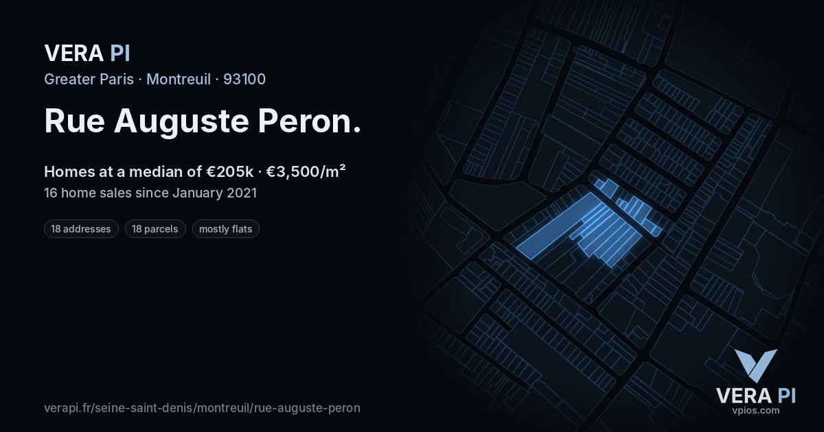 Rue Auguste Peron, Montreuil at night – every parcel coloured by the prices around it, the street's own parcels lit