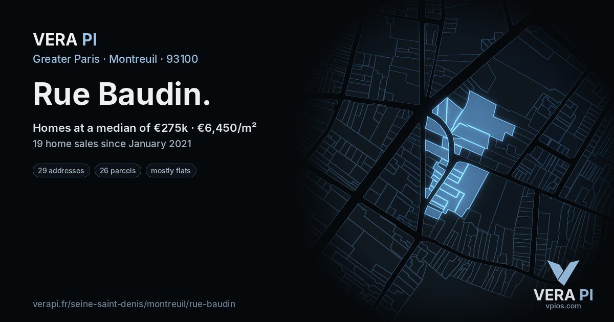 Rue Baudin, Montreuil at night – every parcel coloured by the prices around it, the street's own parcels lit