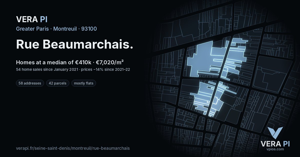 Rue Beaumarchais, Montreuil at night – every parcel coloured by the prices around it, the street's own parcels lit