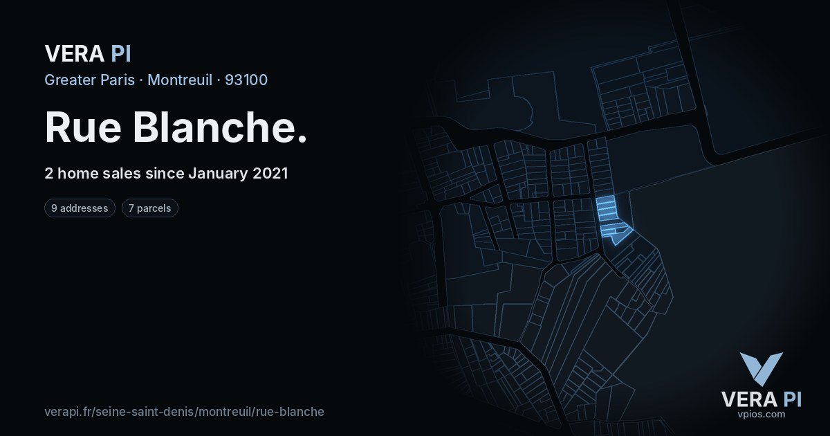 Rue Blanche, Montreuil at night – every parcel coloured by the prices around it, the street's own parcels lit