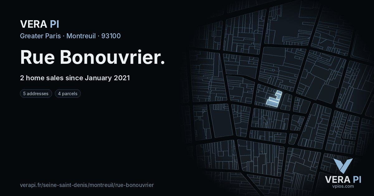 Rue Bonouvrier, Montreuil at night – every parcel coloured by the prices around it, the street's own parcels lit