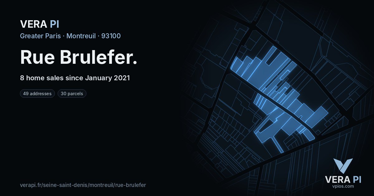 Rue Brulefer, Montreuil at night – every parcel coloured by the prices around it, the street's own parcels lit