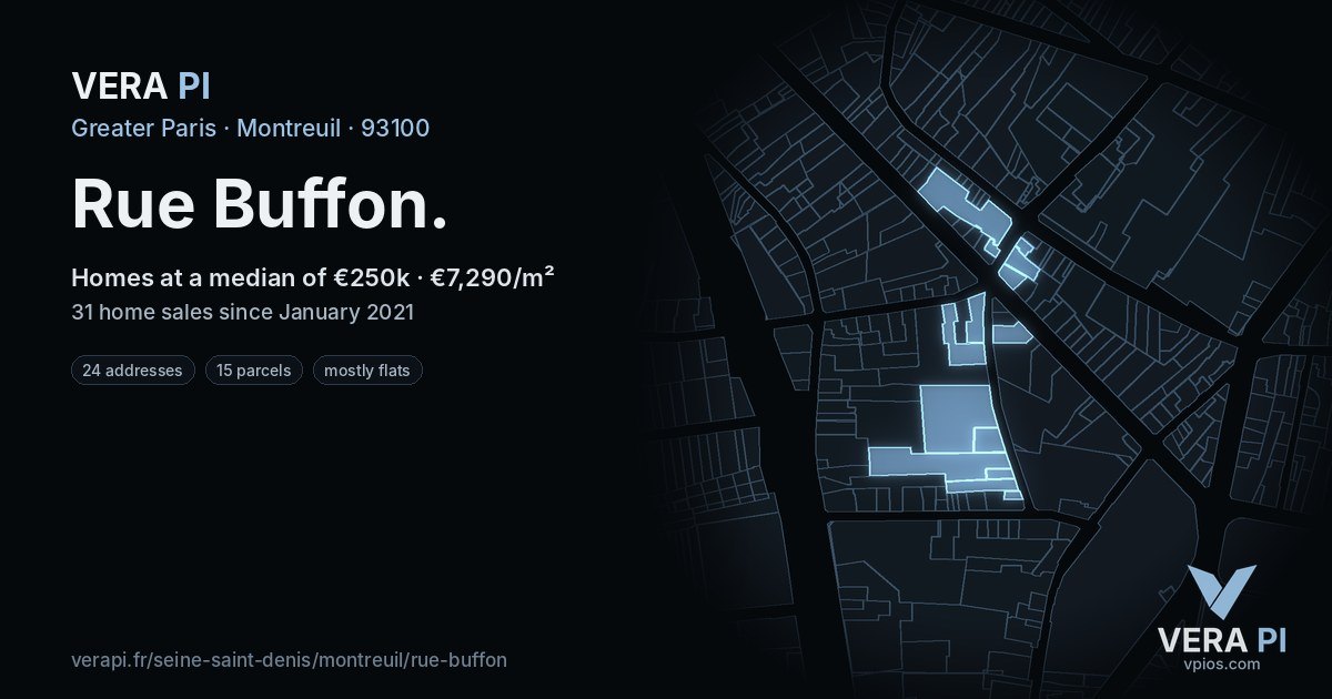 Rue Buffon, Montreuil at night – every parcel coloured by the prices around it, the street's own parcels lit