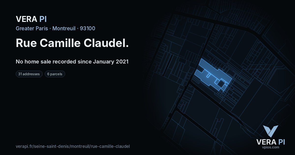 Rue Camille Claudel, Montreuil at night – every parcel coloured by the prices around it, the street's own parcels lit