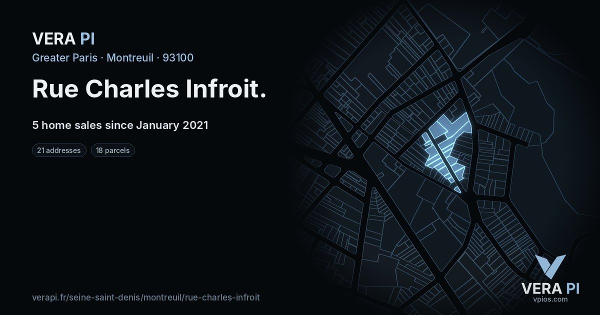 Rue Charles Infroit, Montreuil at night – every parcel coloured by the prices around it, the street's own parcels lit