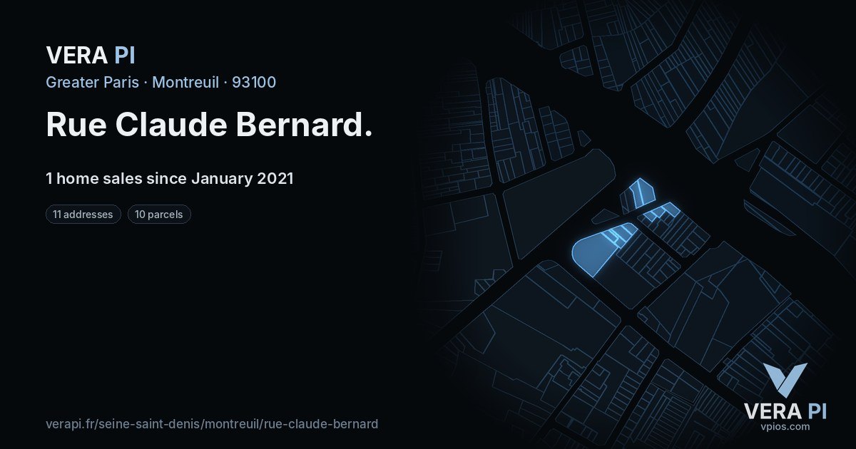Rue Claude Bernard, Montreuil at night – every parcel coloured by the prices around it, the street's own parcels lit