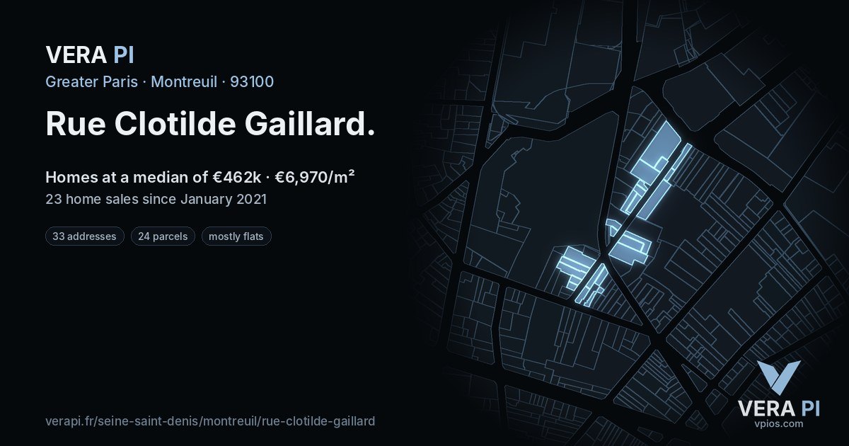 Rue Clotilde Gaillard, Montreuil at night – every parcel coloured by the prices around it, the street's own parcels lit