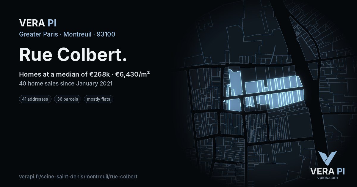 Rue Colbert, Montreuil at night – every parcel coloured by the prices around it, the street's own parcels lit