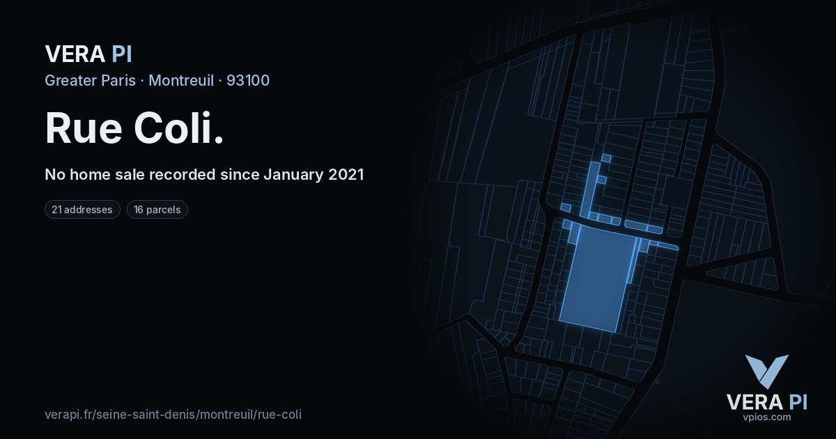 Rue Coli, Montreuil at night – every parcel coloured by the prices around it, the street's own parcels lit